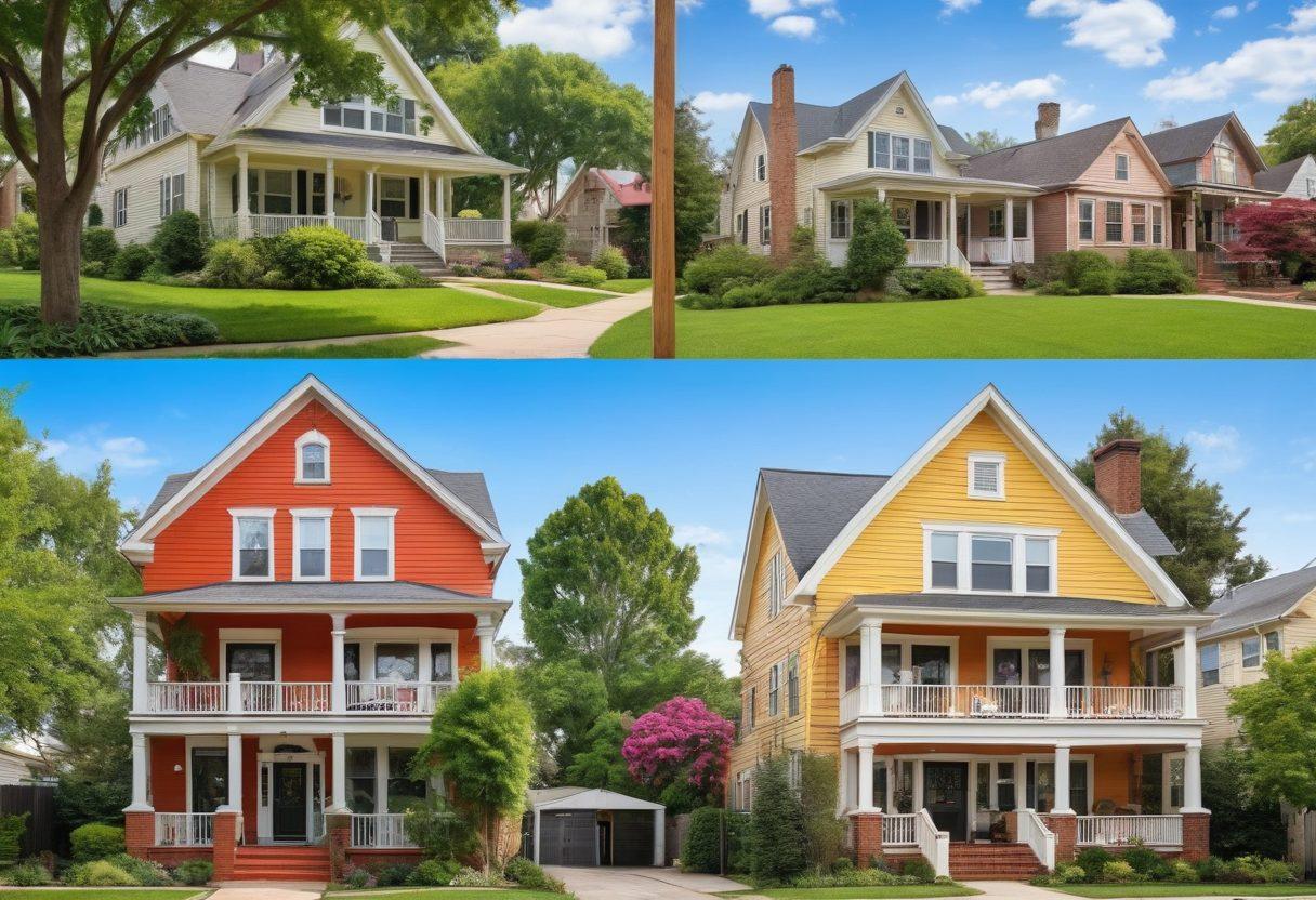 A dynamic split-screen image showcasing various real estate listings, one half displaying cozy residential homes with lush gardens and inviting front porches, while the other half features sleek commercial buildings set against a bustling city skyline. Include vibrant sale signs and overlay text that reads 'From Home Listings to Commercial Real Estate'. Emphasize a seamless transition between the two types of properties. super-realistic. vibrant colors. 3D.