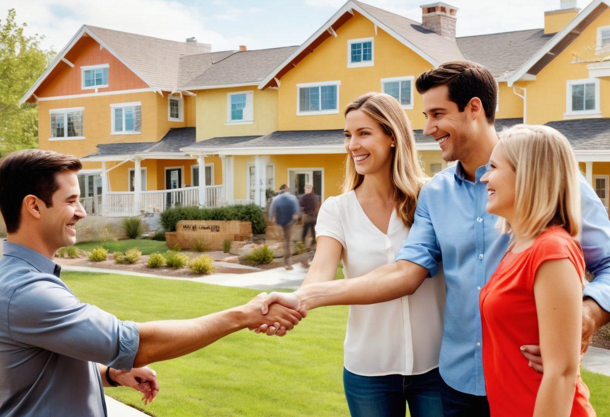 A visually striking collage featuring a happy family receiving keys to their new home, a confident realtor shaking hands with clients, and a thriving neighborhood in the background. Include elements like a 'For Sale' sign, a modern home design, and market graphs showcasing rising trends. Warm and inviting colors with a sense of positivity and accomplishment. super-realistic. vibrant colors. white background.