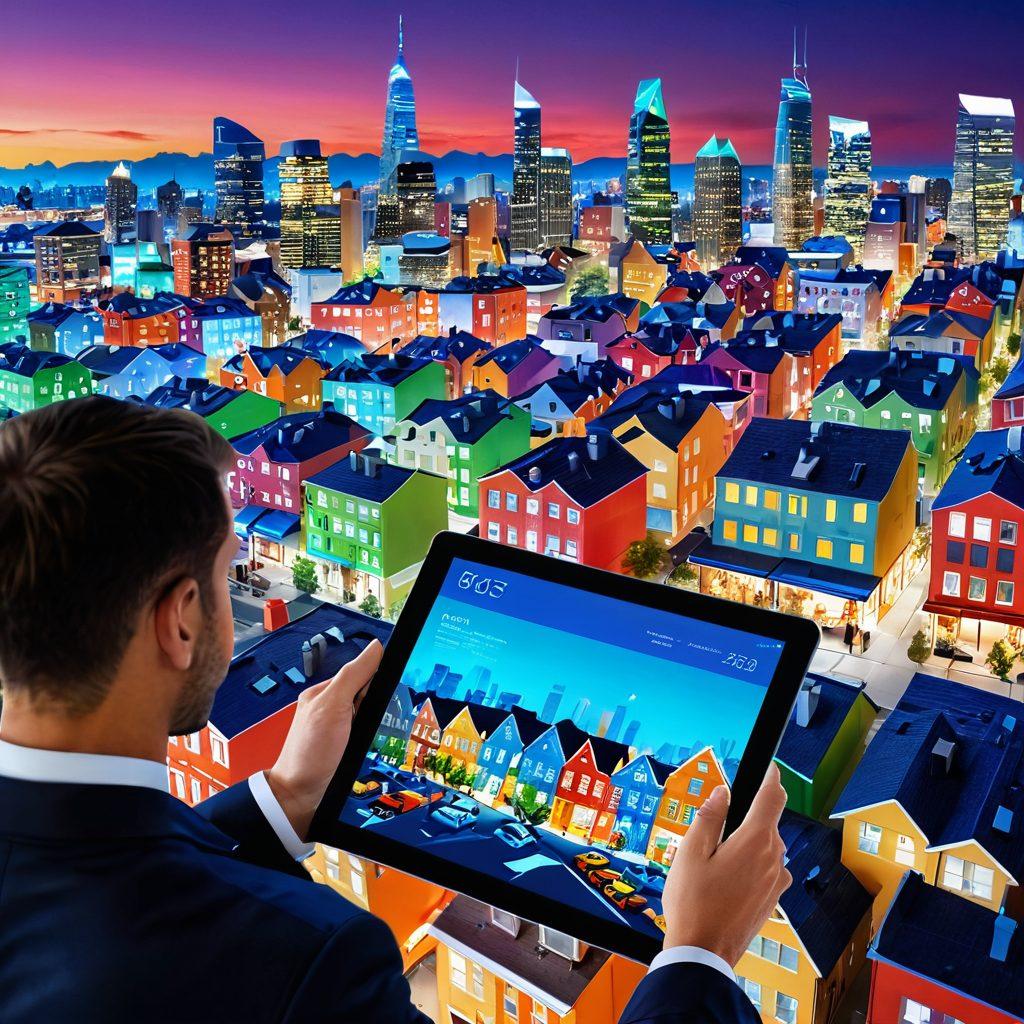 A modern cityscape showcasing diverse residential buildings and a bustling marketplace, with a person examining property listings on a digital tablet. Infographics of market trends and property values overlaying the scene, symbolizing data and analysis. Bright colors to express optimism in real estate investment. super-realistic. vibrant colors.